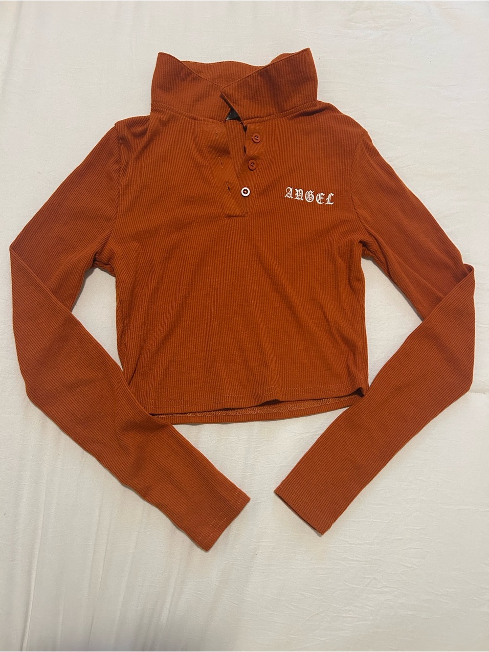 Ribbed Long-Sleeve Crop Polo Top with 'Angel' Embroidery - Rust